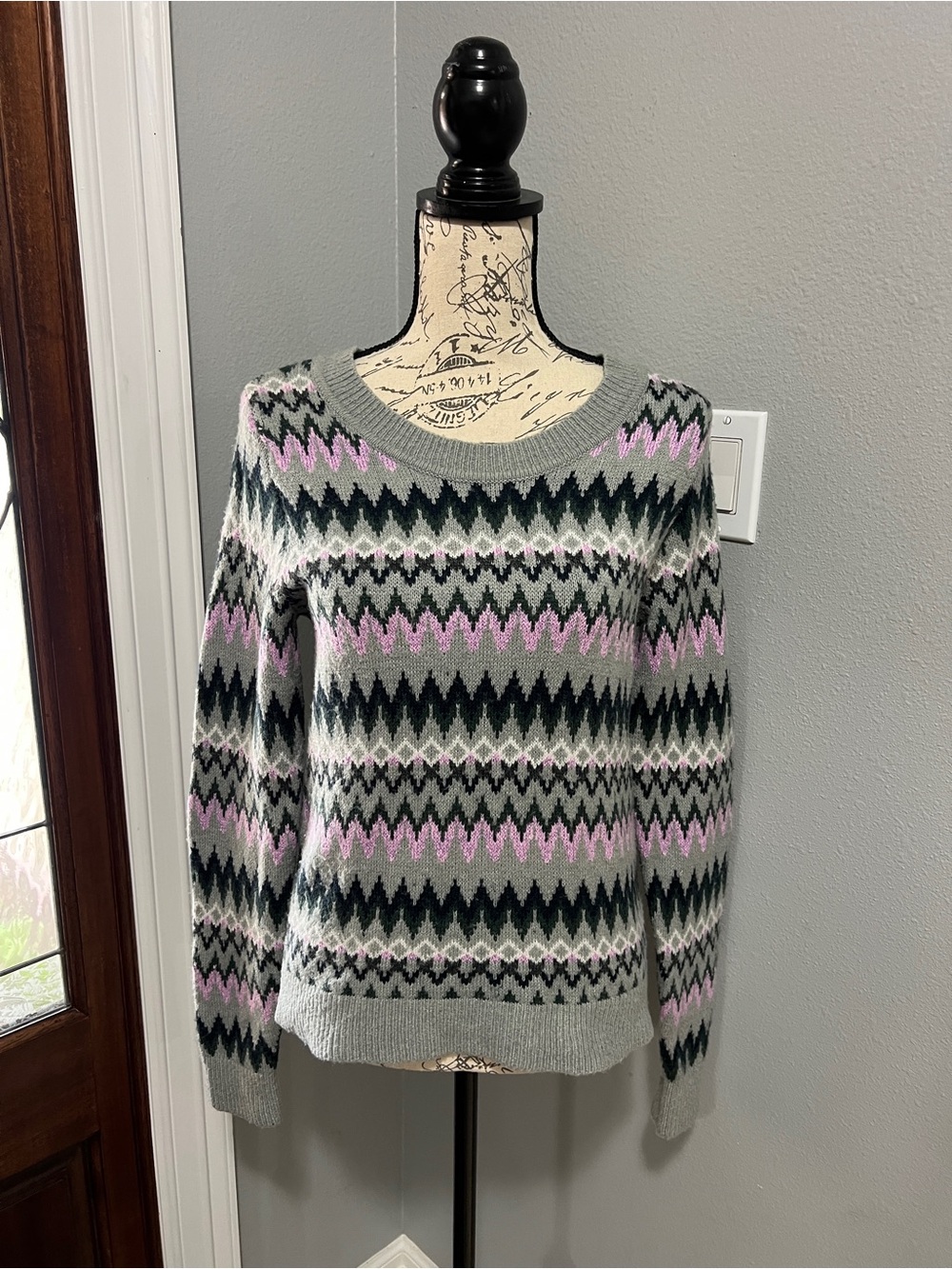Abercrombie & Fitch Gray Fair Isle Metallic Crewneck Sweater Wool Blend Size XS